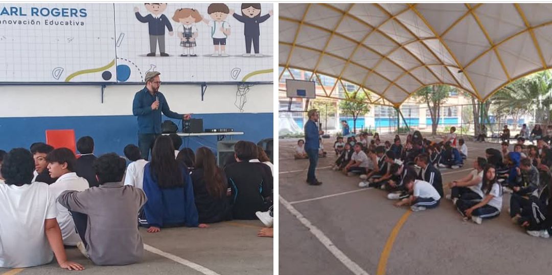 En el colegio Carl Rogers conversamos sobre el efecto de la tecnología en nuestro comportamiento; esto con motivo de mi novela "Karen, matrícula 56220", premio Gran Angular de literatura juvenil. En San Luis Potosí. <a href="/SMLiteratura/">SM Literatura</a>