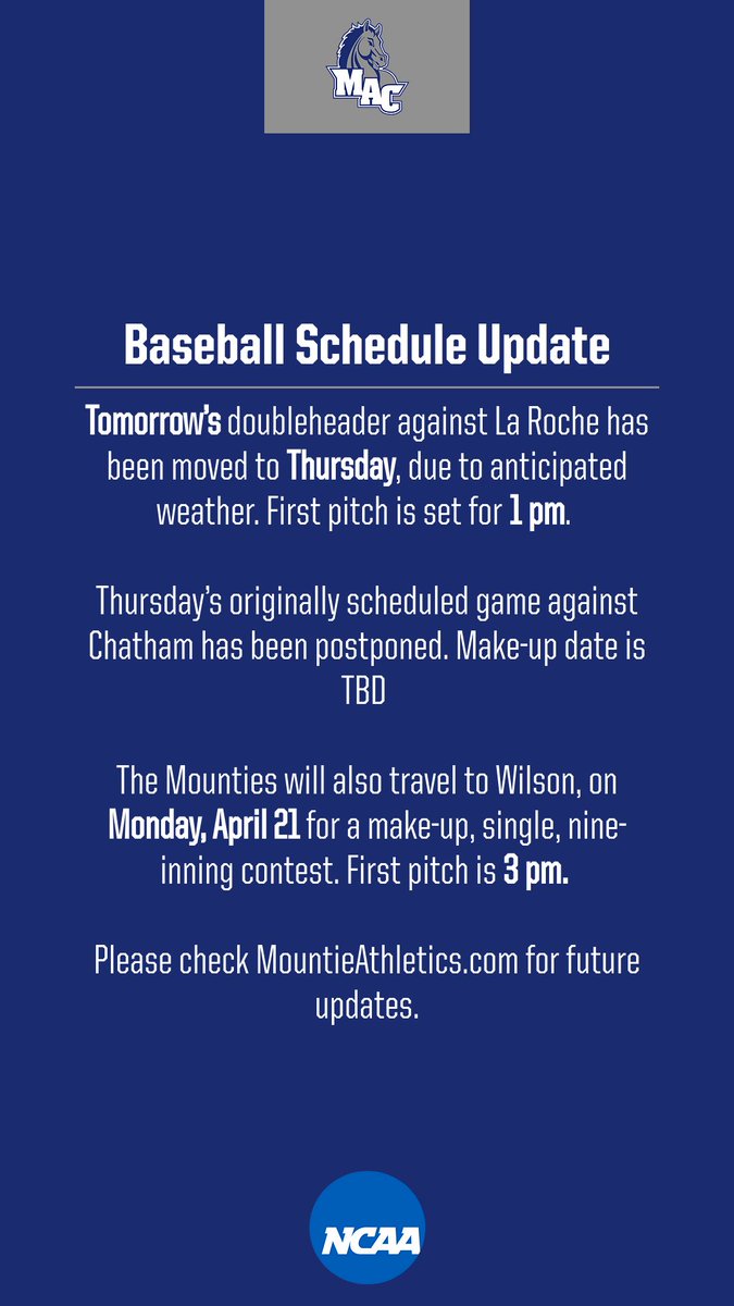 SCHEDULE UPDATE
Please read image for entire update on <a href="/MAC_Baseball/">MAC Baseball</a>
#HorsePower