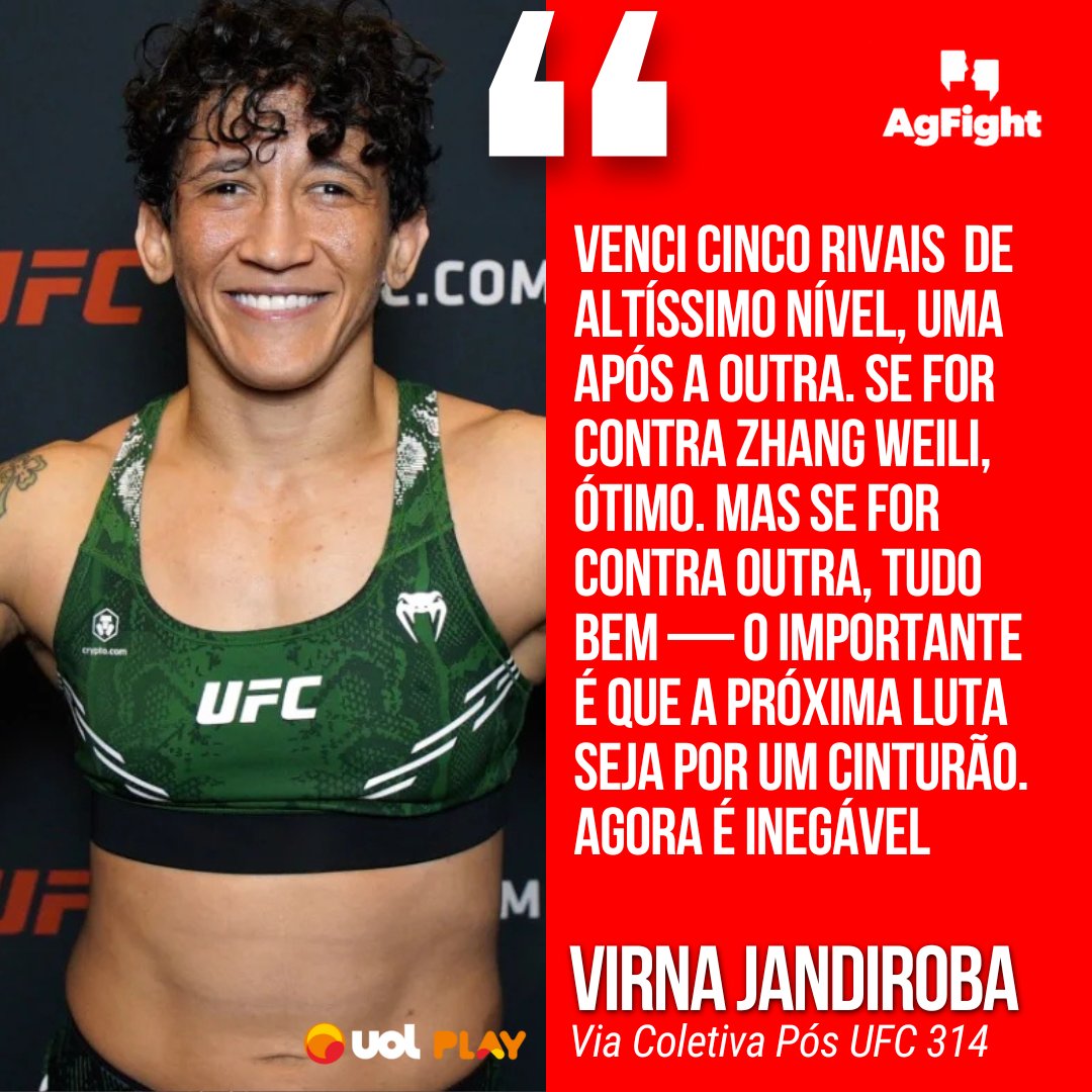 AgFight's tweet photo. INEGÁVEL!
Foi assim que @VirnaJandiroba definiu sua chance por uma disputa de título na categoria dos palhas (52 kg). Com cinco vitórias seguidas, a brasileira deve se tornar a número 1 do ranking. Cinturão à vista? 👀🇧🇷🔥
#Virna #TitleShot #UFC #PesoPalha #BoaFase https://t.co/33YOhMFwb9