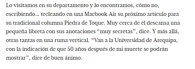 BryanParedes_'s tweet photo. Me intrigan las "anotaciones muy secretas" que dejó Mario Vargas Llosa en libretas y que heredó a la Universidad de Arequipa, con el pedido de que se muestren 50 años después de su muerte. Recién podremos conocerlas en 2075, si se cumple su deseo.
Lo dijo a El Comercio en 2024. https://t.co/QQ0BbsLrem