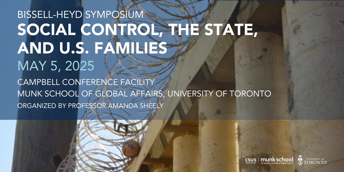 CSUS (@csusuoft) on Twitter photo Join the 2025 Bissell-Heyd Symposium <a href="/munkschool/">Munk School</a>, May 5 on "Social Control, the State, and U.S. Families"🌍 with <a href="/kaaryngustafs0n/">Kaaryn Gustafson</a> <a href="/UCIrvine/">UC Irvine</a> as keynote! Join scholars to explore policy impacts, abolition debates & family outcomes.
🕘All Day, Register: tinyurl.com/bdz2nbun Join the 2025 Bissell-Heyd Symposium <a href="/munkschool/">Munk School</a>, May 5 on "Social Control, the State, and U.S. Families"🌍 with <a href="/kaaryngustafs0n/">Kaaryn Gustafson</a> <a href="/UCIrvine/">UC Irvine</a> as keynote! Join scholars to explore policy impacts, abolition debates & family outcomes.
🕘All Day, Register: tinyurl.com/bdz2nbun