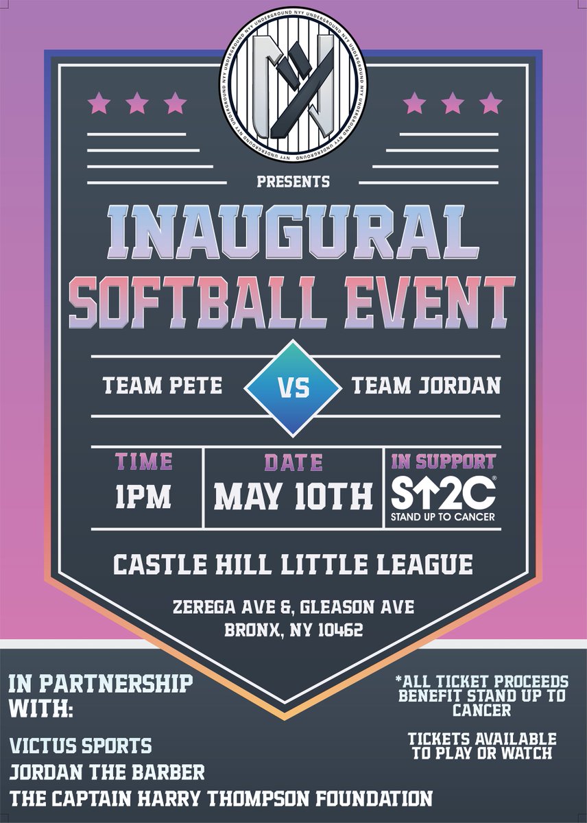 NYYUNDERGROUND's tweet image. Join us for our Inaugural Charity Softball Event on May 10th at 1PM at Castle Hill Little League in The Bronx! Team Pete vs. Team Jordan, supporting Stand Up To Cancer. All ticket proceeds benefit SU2C!  

Play or watch—get your tickets now! #NYYUnderground #SU2C #NYYU #ForTheU…