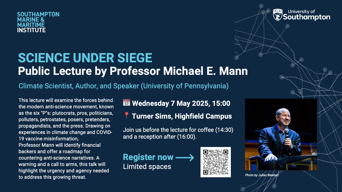 Southampton Marine & Maritime Institute (@uos_smmi) on Twitter photo We’re honoured to host leading climate scientist <a href="/MichaelEMann/">Prof Michael E. Mann</a> at <a href="/unisouthampton/">University of Southampton</a> this May.
🗓 6 May – Beyond the Hockey Stick
🔗 tinyurl.com/d4x7n99z
🗓 7 May – Science Under Siege
🔗 tinyurl.com/mszf2mjx
Free & open to all – spaces limited! We’re honoured to host leading climate scientist <a href="/MichaelEMann/">Prof Michael E. Mann</a> at <a href="/unisouthampton/">University of Southampton</a> this May.
🗓 6 May – Beyond the Hockey Stick
🔗 tinyurl.com/d4x7n99z
🗓 7 May – Science Under Siege
🔗 tinyurl.com/mszf2mjx
Free & open to all – spaces limited!