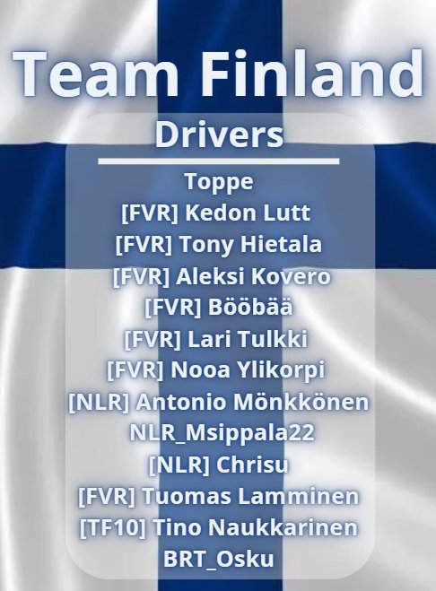 FIN_F1Simracing's tweet photo. We are proud to announce our strong driver roster for the upcomming Nations League Event 👊

Can't wait to see our drivers on track. https://t.co/dyarjFfXVN