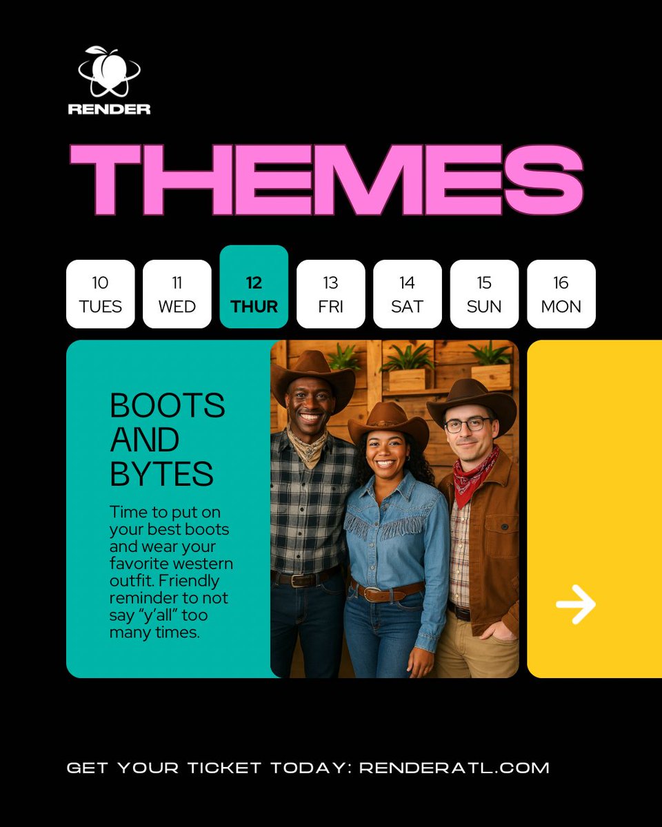 RenderATL's tweet photo. 🎉 It’s time to express yourself! Announcing the #RenderATL2025 theme days soon. 

Get ready to celebrate tech and culture in style. Details: https://t.co/W2jmuTaFVw #ThemeDays #TechMeetsCulture https://t.co/JHLH2A4ga1