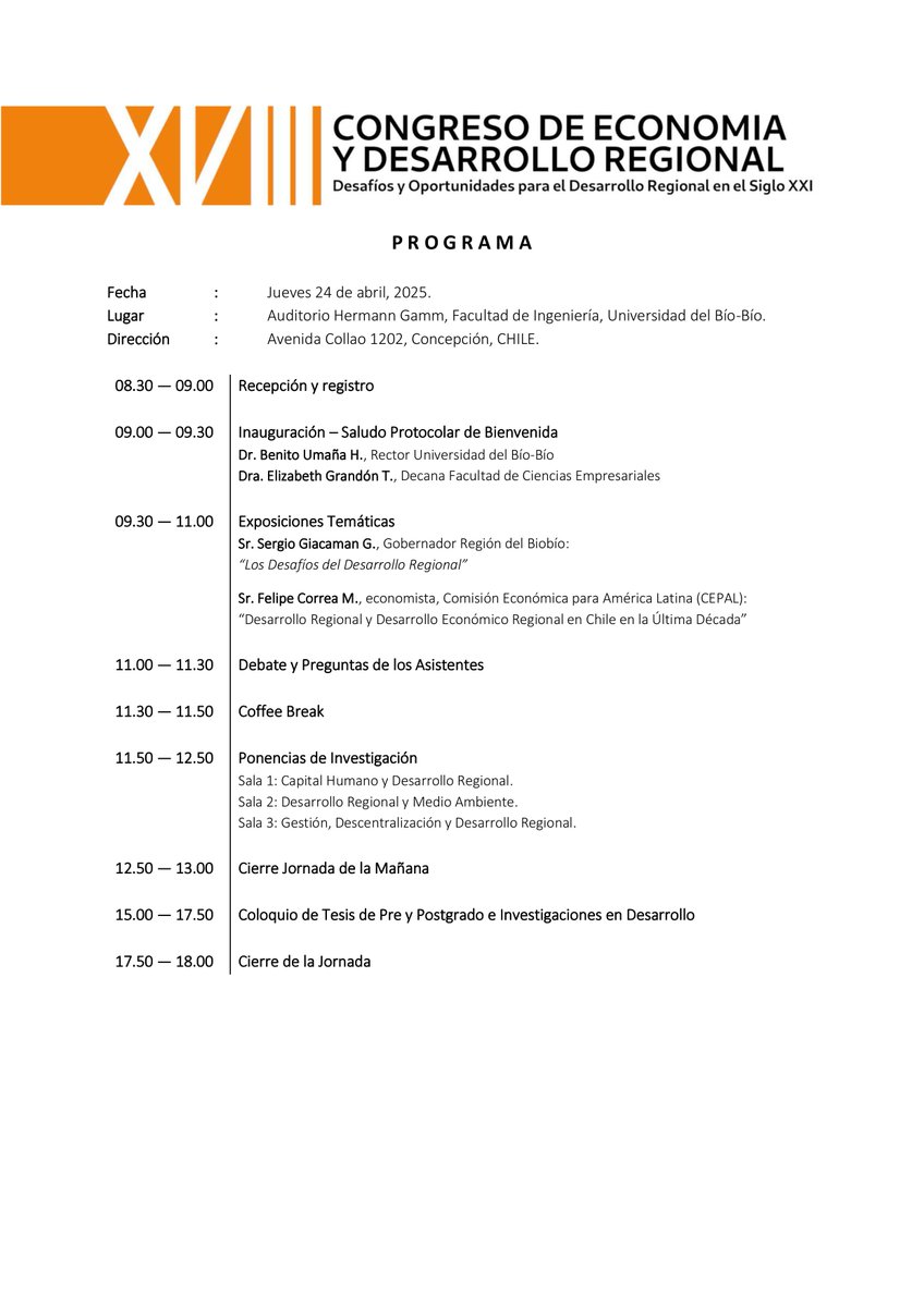 🧑‍💼Parte de la programación del XVIII Congreso de Economía y Desarrollo Regional, encuentro que reunirá a investigadores, analistas, profesionales,  estudiantes, gestores y representantes del mundo empresarial. Inscríbete aquí: ubb.cl/787475