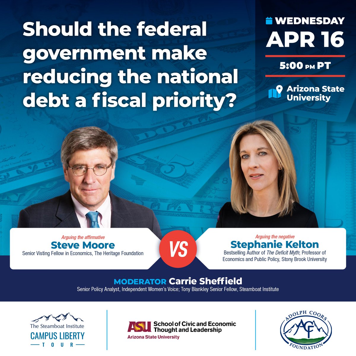 Last chance to reserve your seats! 

“Be it resolved, the U.S. federal government should make reducing the national debt a fiscal priority.”

📅 Wednesday, April 16, 2025
🕔 5:00–7:00 p.m.
📍Old Main, Carson Ballroom | ASU Tempe

RSVP Now!
specialevents.asu.edu/ereg/newreg.ph…