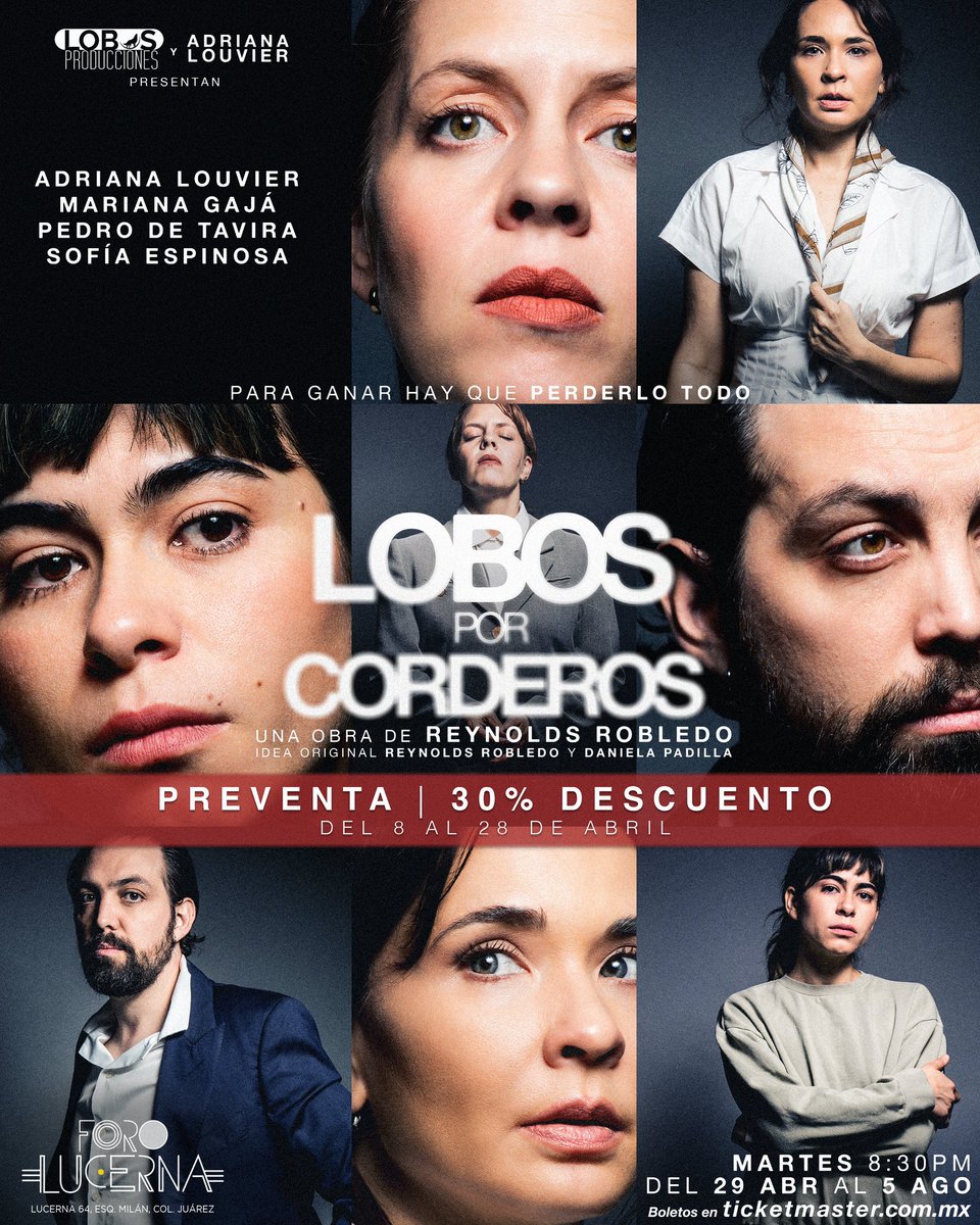 ¡Preventa 30% descuento! 

#LobosPorCorderos

Aprovecha y compra con anticipación tus boletos.

Funciones del 29 de abril al 5 de agosto.

📍Foro Lucerna 
📅 Mar 20:30H
🎟️ Taquilla
#CarteleraPinPoint #Teatro #VamosAlTeatro