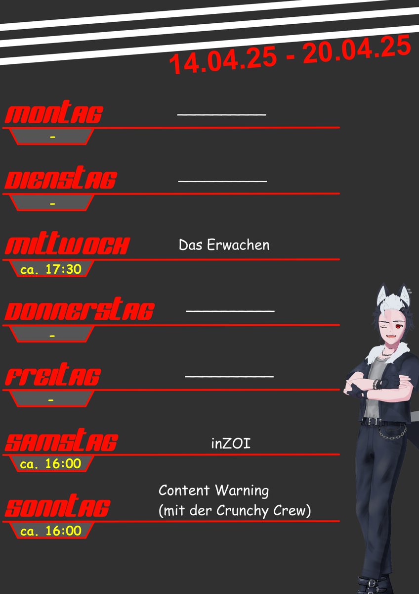 Da ich diese Woche am Freitag keine Zeit habe, wird es stattdessen Samstag einen Stream geben.
Der Mittwoch und der Sonntag bleiben wie gehabt 🙂