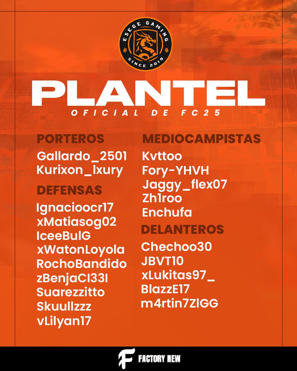 PLANTEL OFICIAL | FC25 CLUBES PRO

Atención comunidad naranja, les traemos el PLANTEL OFICIAL de nuestra rama de EA FC25 Clubes Pro ⚽🧡.

Este gran plantel se estará presentando en la 11X11 Pro League de Espacio Gamer 🔥

Partner Oficial
FACTORY NEW