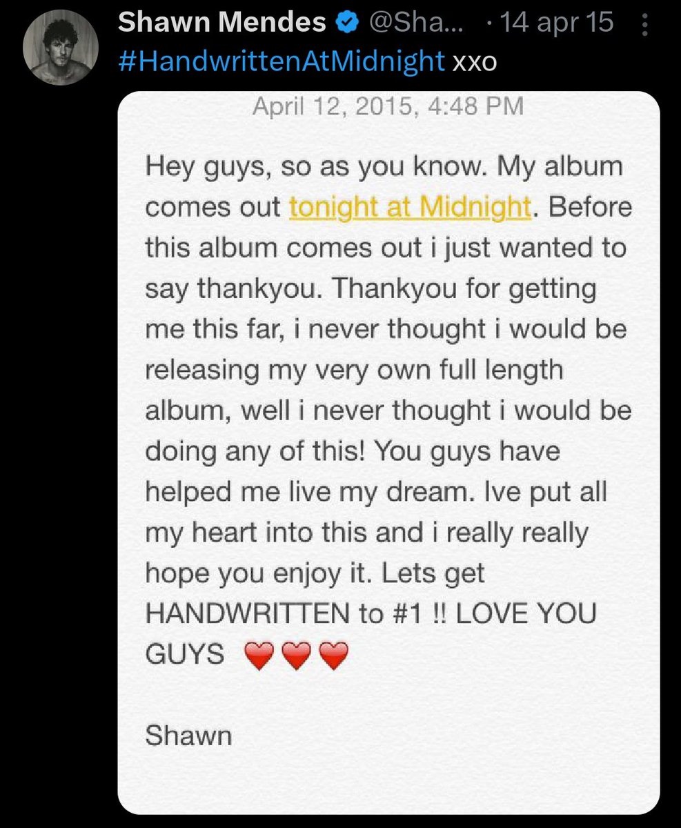 MikiOnTheRoad's tweet photo. Imagine being a teenager with a guitar and a big dream 💛❤️🩹
And 10 years later filling stadiums, filling hearts, filling lives #HandwrittenAtMidnight #ShawnsFirstAlbum @ShawnMendes @ShawnAccess https://t.co/38XS75NkWB