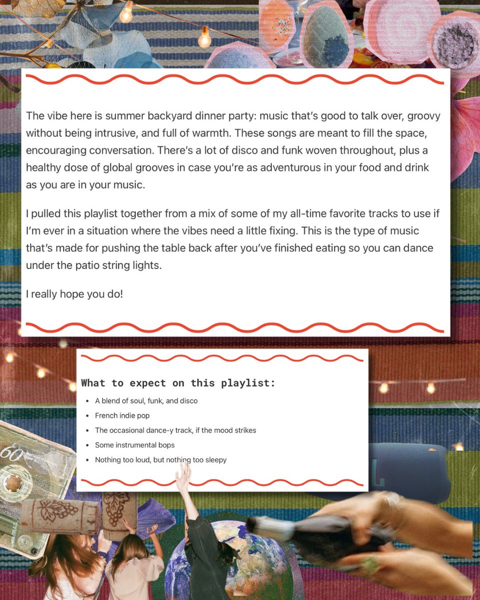 Today's playlist is a Summertime Backyard Dinner Party playlist! It is the second in my "dinner party playlist" series.

This one is for summer and is full of cozy, groovy songs designed to be talked over and danced to. Sorry for saying "global grooves"! Link in bio!