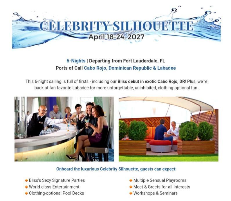 𝐁𝐥𝐢𝐬𝐬 𝐂𝐫𝐮𝐢𝐬𝐞 𝟐𝟎𝟐𝟕 𝐁𝐨𝐨𝐤𝐢𝐧𝐠 𝐢𝐬 𝐍𝐎𝐖 𝐎𝐏𝐄𝐍! 

Start planning your sexy escape at sea:
𝐅𝐞𝐛 𝟐𝟒–𝟐𝟖, 𝟐𝟎𝟐𝟕 Departing from Tampa→ bit.ly/3Yz70Ib 
𝐀𝐩𝐫𝐢𝐥 𝟏𝟖–𝟐𝟒, 𝟐𝟎𝟐𝟕 →bit.ly/3Y0dXBV 
(November 2027 dates coming soon!)