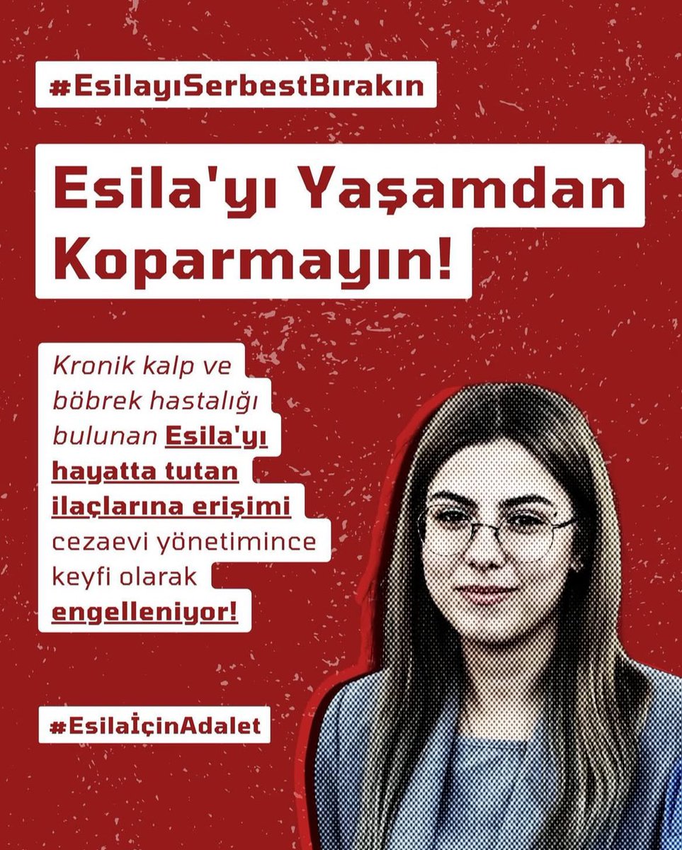 Esila, 9 Nisan'dan bu yana tutuklu ve kronik kalp ile böbrek rahatsızlıkları olmasına rağmen hayati ilaçlarına erişimi engelleniyor.

Bu sabah idrarda kan ve köpük tespit edildi durum, diyalize kadar ilerleyebilecek ciddiyette.
#EsilayıSerbestBırakın