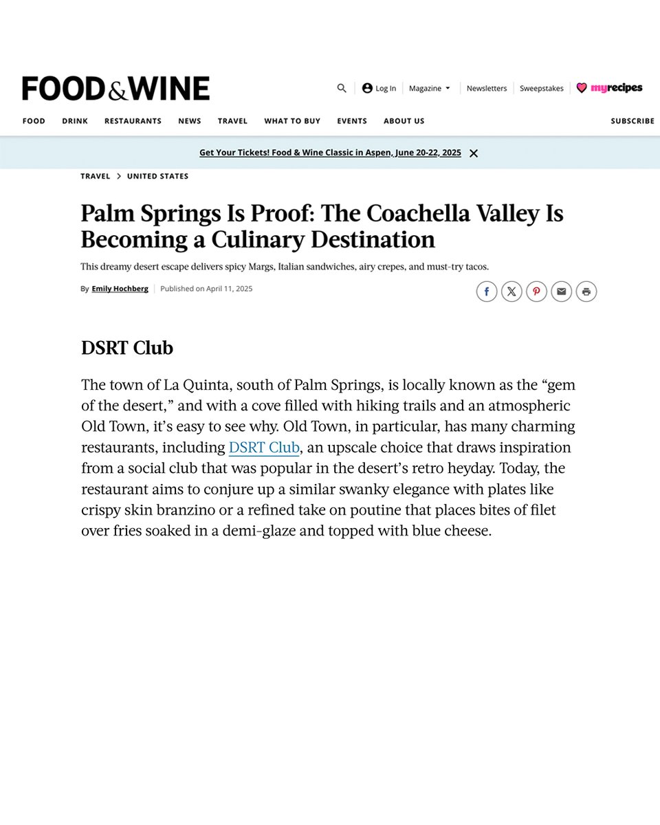 Big news! 🎉 Food &amp; Wine just featured La Quinta’s very own DSRT CLUB in their latest article, alongside some other amazing Coachella Valley hotspots! 🍷🌴 Check it out and see why the desert food scene is heating up: foodandwine.com/palm-springs-r…