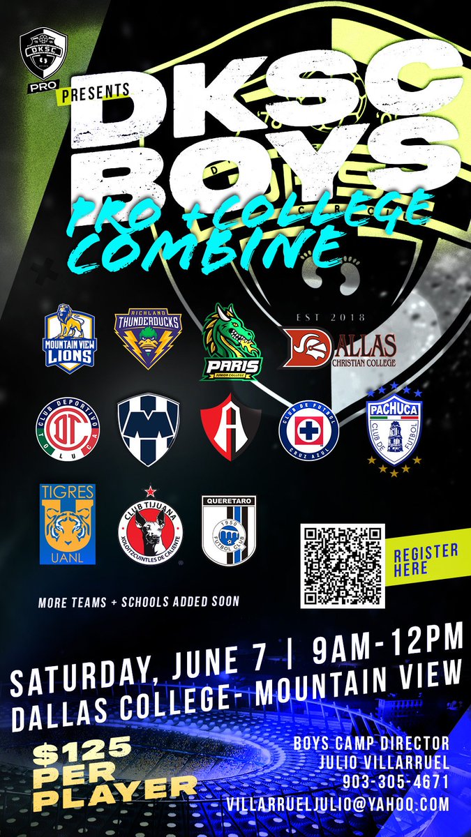 Calling all male soccer players (2005–2010)!
Showcase your skills at the DKSC Boys College/Pro Combine!

June 7, 2025 | 9AM–12PM
Dallas College - Mountain View
$125 w/ shirt | Spots limited!

Contact Coach Julio: 903-305-4671
#DKSCCombine #SoccerProspects #NextLevel