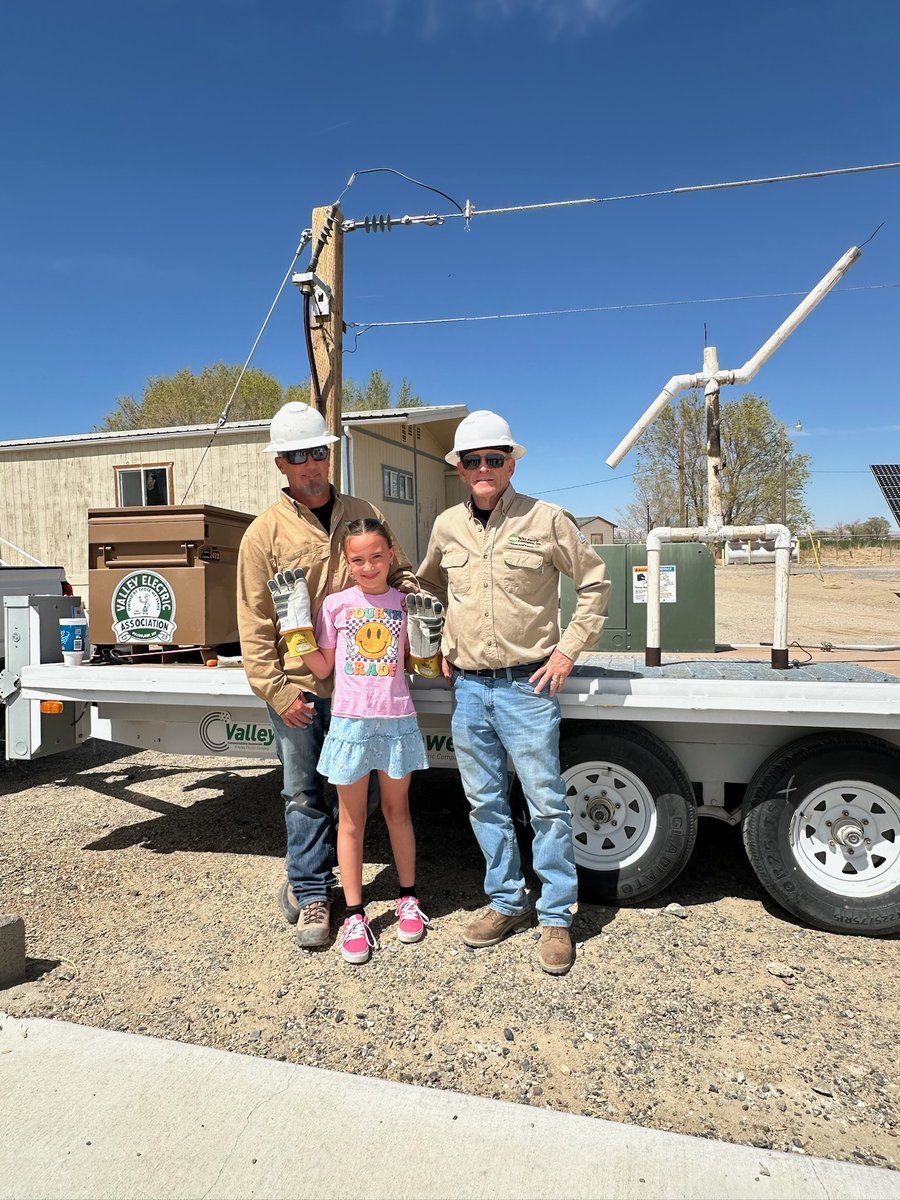 Valley visited Dyer Elementary School to demonstrate the importance of electrical safety!
Joe, the Safety Manager, Sean, a lineman, and his daughter, Lexi, a student at Dyer Elementary, smile for a photo after teaching students lessons about electrical safety.