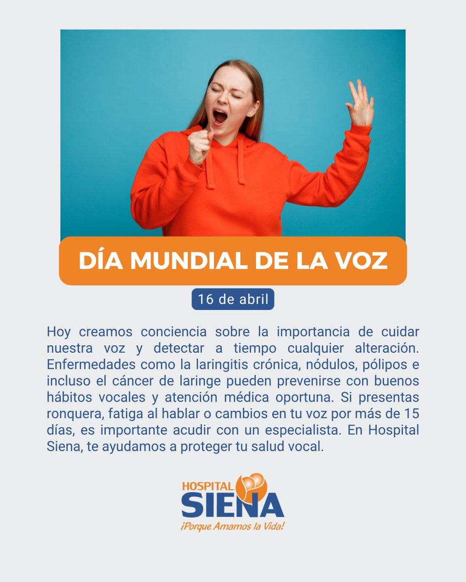 HospitalSiena_'s tweet image. 🗣️ Tu voz no solo comunica… también transmite emociones y quién eres.
Si notas ronquera persistente, dolor o cambios, podría ser algo serio.

👩‍⚕️ En Hospital Siena te ayudamos a cuidarla.
🔸 Agenda tu cita: hospitalsiena.com/otorrinolaring…

#DiaMundialDeLaVoz #CuidaTuVoz #HospitalSiena