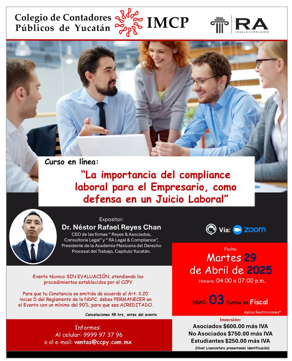✍Curso en línea: "𝐋𝐚 𝐢𝐦𝐩𝐨𝐫𝐭𝐚𝐧𝐜𝐢𝐚 𝐝𝐞𝐥 𝐂𝐨𝐦𝐩𝐥𝐢𝐚𝐧𝐜𝐞 𝐥𝐚𝐛𝐨𝐫𝐚𝐥 𝐩𝐚𝐫𝐚 𝐞𝐥 𝐄𝐦𝐩𝐫𝐞𝐬𝐚𝐫𝐢𝐨, 𝐜𝐨𝐦𝐨 𝐝𝐞𝐟𝐞𝐧𝐬𝐚 𝐞𝐧 𝐮𝐧 𝐉𝐮𝐢𝐜𝐢𝐨 𝐋𝐚𝐛𝐨𝐫𝐚𝐥", con el expositor Dr. Néstor Rafael Reyes Chan.

𝑰𝒏𝒇𝒐𝒓𝒎𝒆𝒔 𝒂𝒍:
📱 9999 97 37 96
