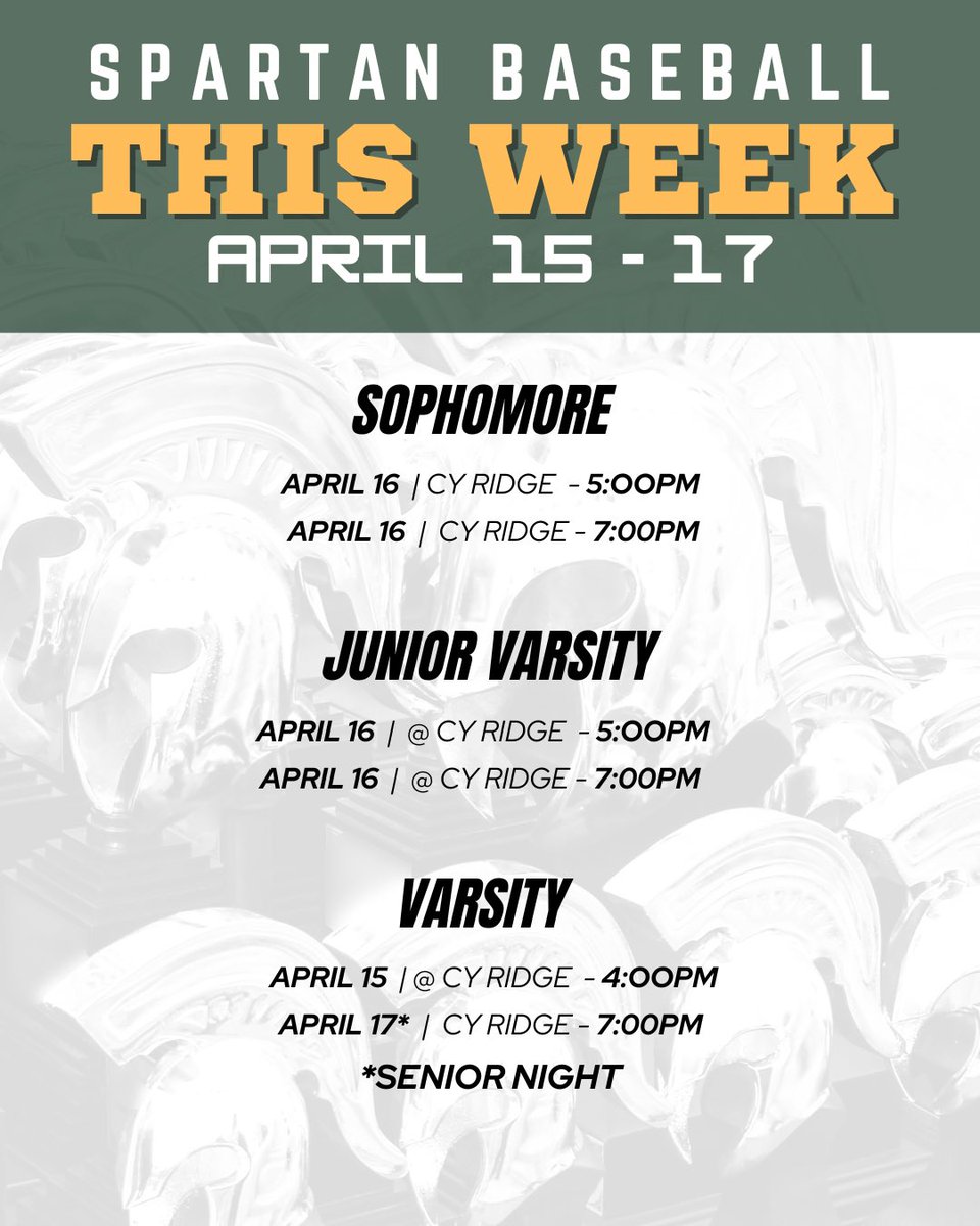 Stratford Spartan Baseball (@stratford_bsbl) on Twitter photo On the schedule this week...Cy Ridge. Varsity tomorrow - 4:00 @ Cy Ridge HS. SENIOR NIGHT at the Backyard on Thursday!
<a href="/ItsCoachHall/">Coach Hall</a> <a href="/SHS_BoosterClub/">Stratford Booster</a> <a href="/77079Athletics/">Stratford High School Athletics</a> On the schedule this week...Cy Ridge. Varsity tomorrow - 4:00 @ Cy Ridge HS. SENIOR NIGHT at the Backyard on Thursday!
<a href="/ItsCoachHall/">Coach Hall</a> <a href="/SHS_BoosterClub/">Stratford Booster</a> <a href="/77079Athletics/">Stratford High School Athletics</a>