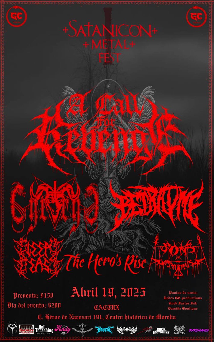 19 de Abril en #Sala322Abasolo en #Morelia se presentan <a href="/acallforrevenge/">A Call For Revenge</a> junto con <a href="/BETRAYME_BAND/">BETRAYME</a> #Cyroryc #SonsOfAsmodeus y #SleepyBeast