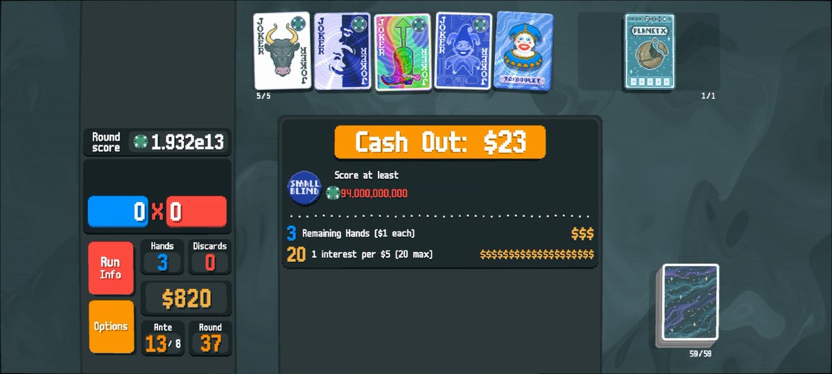 LiamTart's tweet image. Scored 19 trillion in Balatro with a pretty crazy build. All about the Triboulet joker which gives x2 on all played kings/queens, and replaying cards over and over.
This game is so much fun. Possibly even more fun than Slay the Spire :D