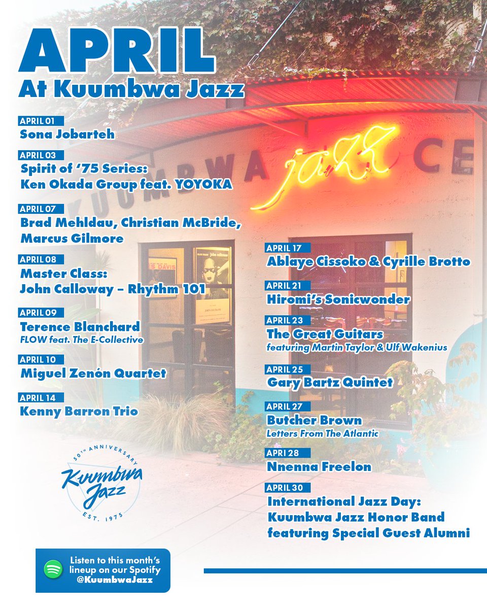 April has been off to an action-packed start here at Kuumbwa, with lots more incredible music ahead.

Tickets 🎟️ bit.ly/4ePxlHH
Listen 🎧 spoti.fi/3BN26yI