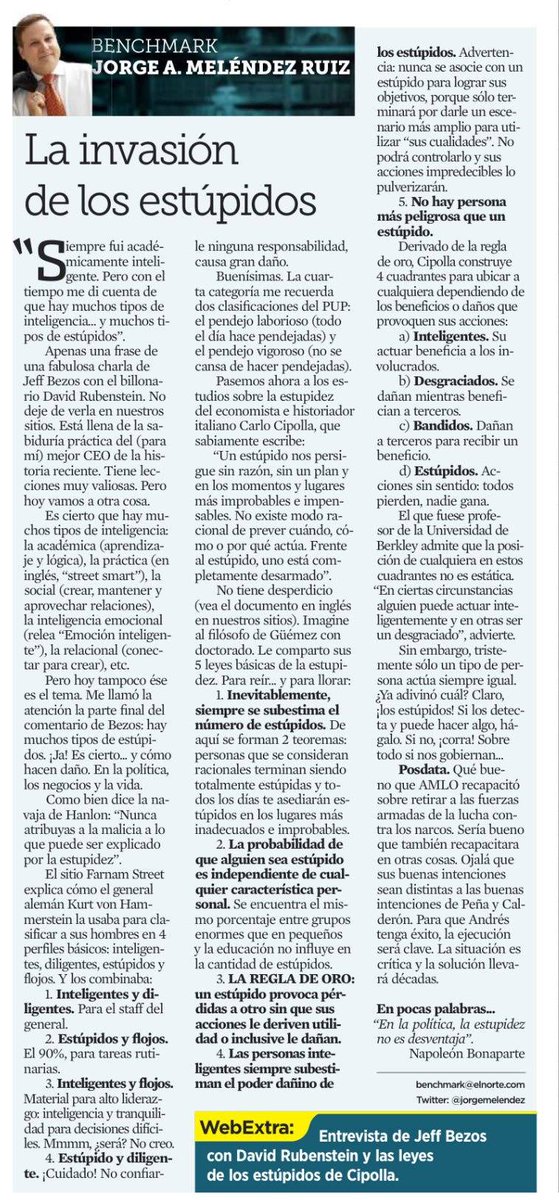 La invasión de los estúpidos

Cómo nos recuerda el autor Cipolla nos advertía sobre la relevancia de la estupidez,  aquellos que pueden causar mucho mal, haciendose mal a si mismos