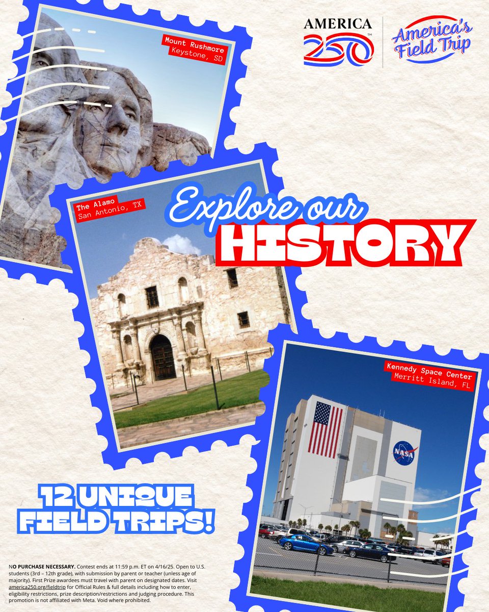 U.S. Department of Education (@usedgov) on Twitter photo Only a few days left to enter! 
If you have a student in grade 3-12, encourage them to enter America’s Field Trip for the chance to explore America’s landmarks!
Submit entries by April 16 at america250.org/fieldtrip. Only a few days left to enter! 
If you have a student in grade 3-12, encourage them to enter America’s Field Trip for the chance to explore America’s landmarks!
Submit entries by April 16 at america250.org/fieldtrip.