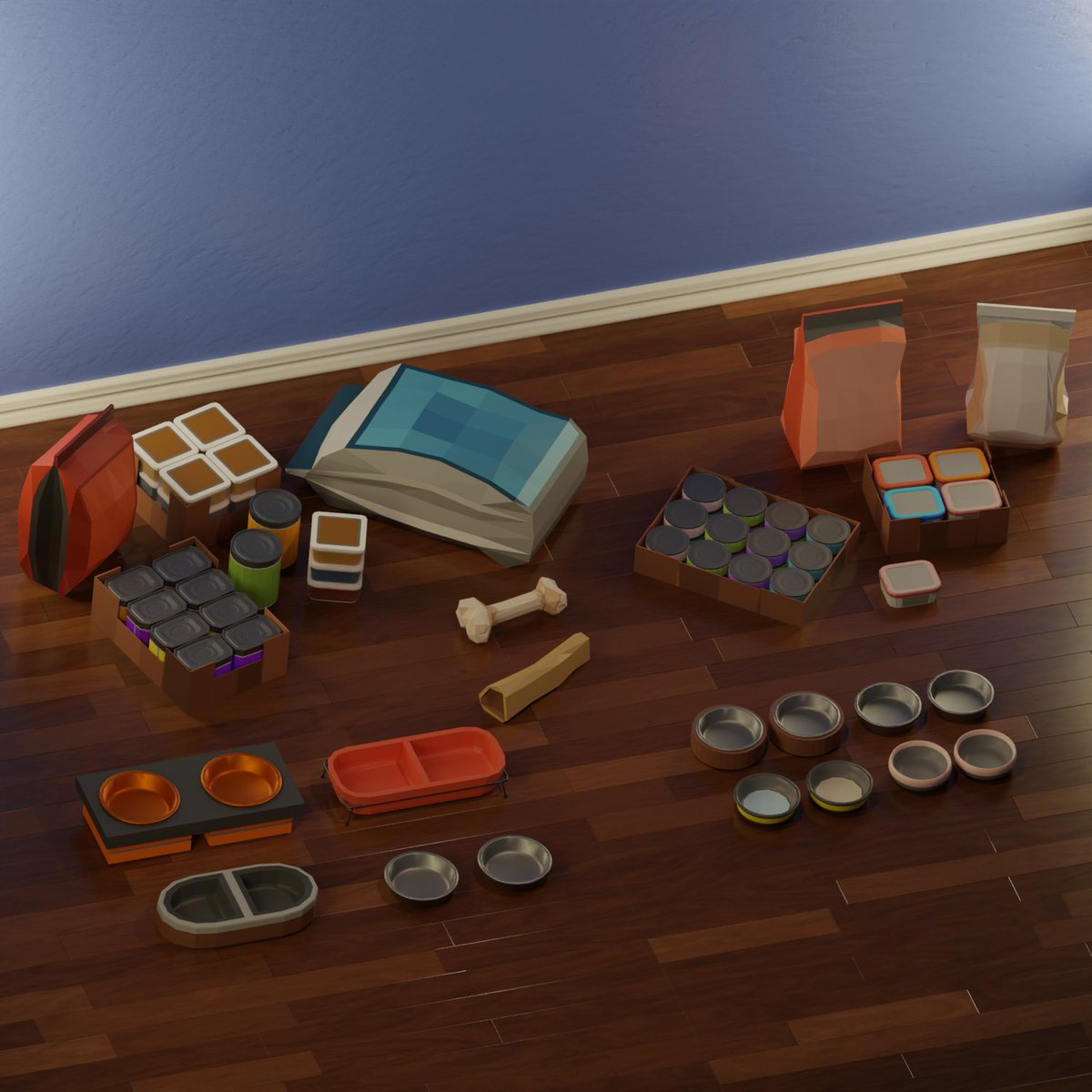 ParisPixels3D's tweet photo. This Asset Pack has been in the works for at least a year with little to no time to put into it, finally I have completed it! The Low-Poly Pets Supplies Pack!  Link in Bio! #pets #gameassets #lowpoly https://t.co/TTeqQwjEl9