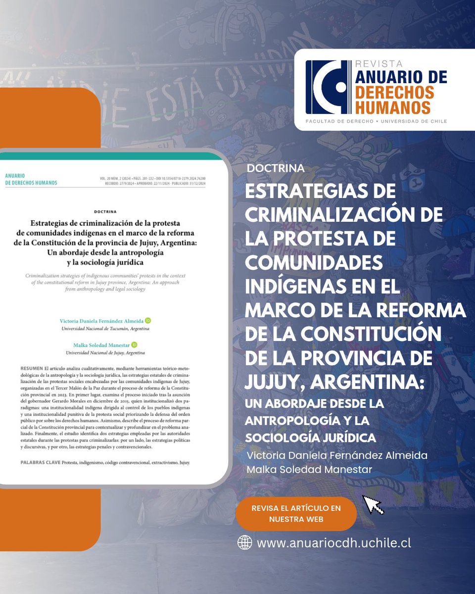 📃[ARTICULO]

📕 "Estrategias de criminalización de la protesta de comunidades indígenas en el marco de la reforma de la Constitución de la provincia de Jujuy, Argentina: Un abordaje desde la antropología y la sociología jurídica"

💻 Revisa el artículo:
anuariocdh.uchile.cl