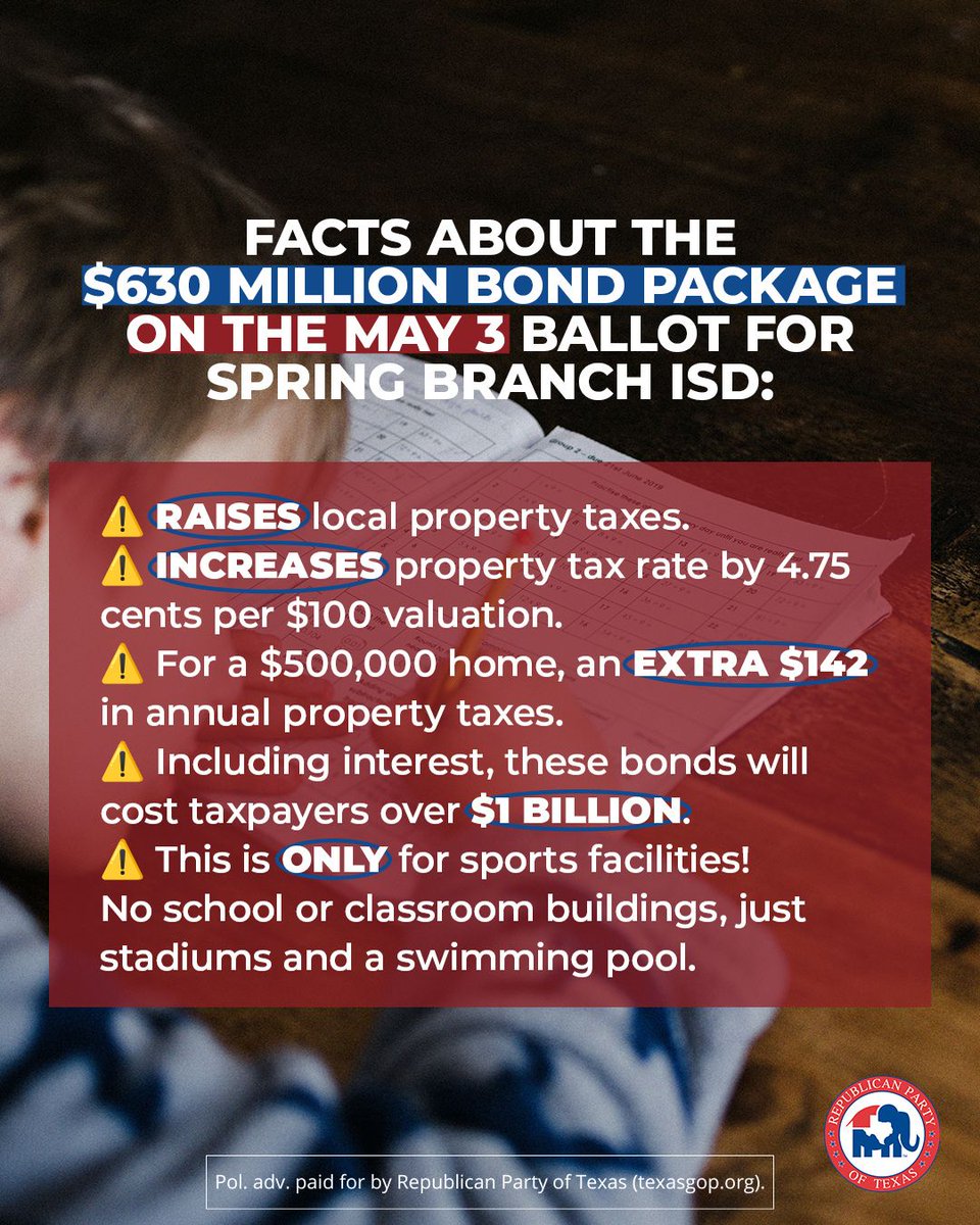 The @texasgop does NOT support this $630 million dollar bond package for Spring Branch ISD and here is why you shouldn't either!