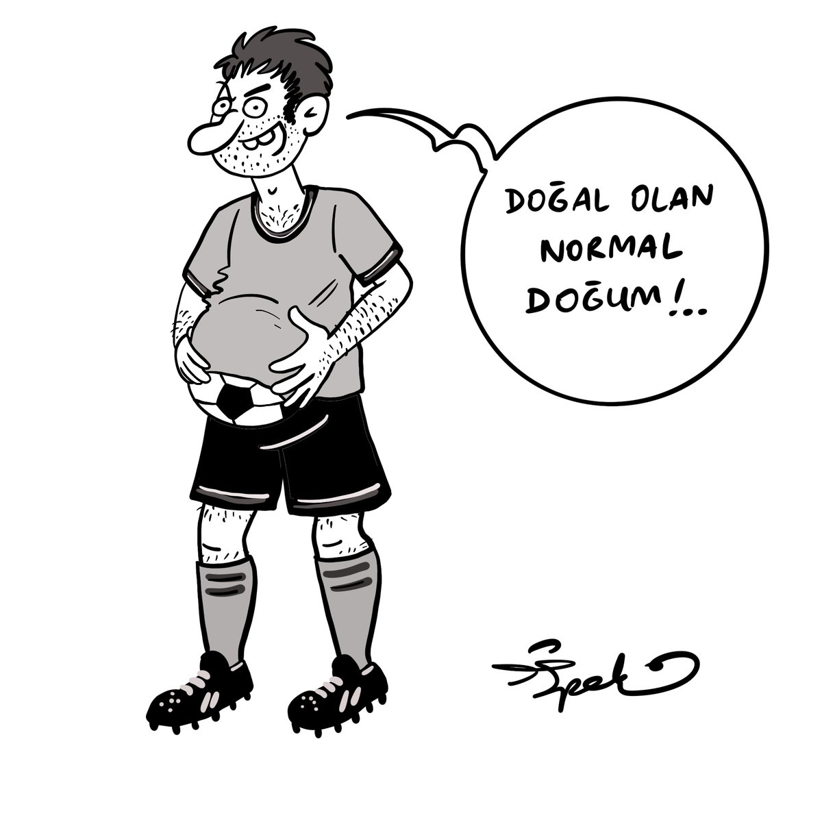 13 Nisan Pazar akşamı oynanan Sivasspor-Fenerbahçe maçı öncesi erkek futbolcular sahaya “Doğal olan normal doğum” pankartıyla çıktı. 
İpek Özsüslü çizdi.
muzir.org/2025/04/14/nor…