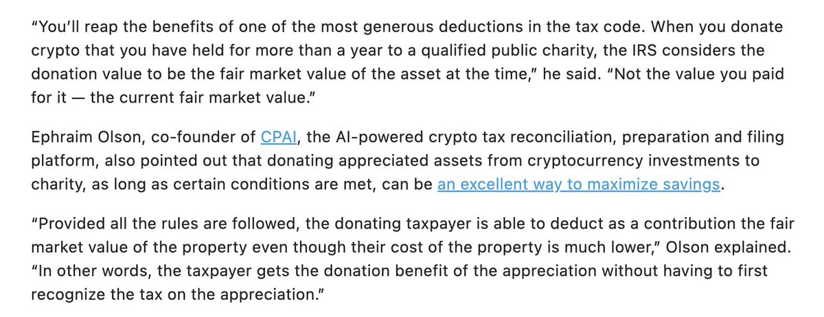 Great piece today in <a href="/GOBankingRates/">GOBankingRates</a> about the tax benefits of donating appreciated crypto, like Bitcoin $BTC, Ethereum $ETH, and Solana $SOL.

<a href="/DaffyGiving/">Daffy</a> accepts over 220 different crypto assets, invests them tax-free, &amp; lets you donate the $ to almost any legal charity.