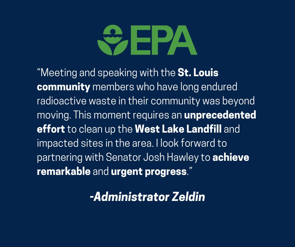 U.S. EPA (@epa) on Twitter photo After <a href="/epaleezeldin/">Lee Zeldin</a> visited St. Louis’ West Lake Landfill and surrounding sites affected by the Manhattan Project, he tasked @eparegion7 to deliver an update on the cleanup timeline. We cut nearly 2 years off projections & EPA has defined a new approach to better deliver on After <a href="/epaleezeldin/">Lee Zeldin</a> visited St. Louis’ West Lake Landfill and surrounding sites affected by the Manhattan Project, he tasked @eparegion7 to deliver an update on the cleanup timeline. We cut nearly 2 years off projections & EPA has defined a new approach to better deliver on