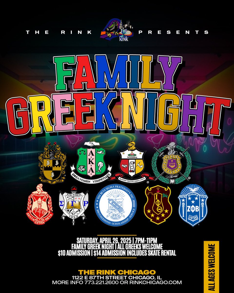 It’s a Divine 9 takeover at The Rink Chicago!
Tag your favorite Chicago Greek Chapters!

🗓️ Sat, April 26 | ⏰ 7PM–11PM
🛼 $10 entry | $14 w/ skate rental
📍1122 E 87th St, Chicago