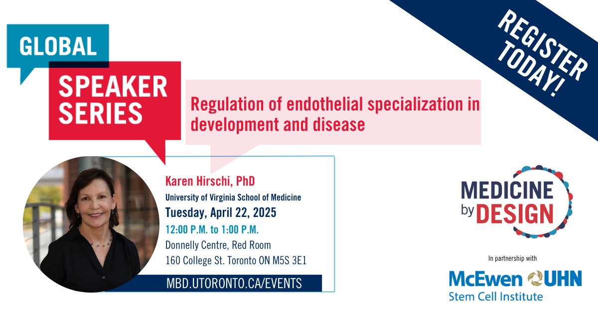Medicine by Design (@mbd_uoft) on Twitter photo Don't miss the talk, 'Regulation of Endothelial Specialization in Development and Disease,’ by Karen Hirschi, PhD (<a href="/uvamedicine/">UVA Medicine</a>, <a href="/Yale/">Yale University</a>), part of #MedicinebyDesign's Global Speaker Series. Save your spot today: mbd.utoronto.ca/event/global-s… Don't miss the talk, 'Regulation of Endothelial Specialization in Development and Disease,’ by Karen Hirschi, PhD (<a href="/uvamedicine/">UVA Medicine</a>, <a href="/Yale/">Yale University</a>), part of #MedicinebyDesign's Global Speaker Series. Save your spot today: mbd.utoronto.ca/event/global-s…