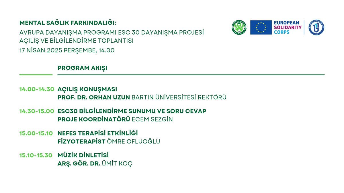 "Mental Sağlık Farkındalığı: Avrupa Dayanışma Programı ESC 30 Dayanışma Projesi" açılış ve bilgilendirme toplantımızla 17 Nisan'da Bartın Üniversitesi'nde buluşuyoruz!

#mentalsağlıkfarkındalığı #mentalsağlık #pdr #psikoloji

<a href="/baruedutr/">Bartın Üniversitesi</a> <a href="/uzun_orhan/">ORHAN UZUN</a> <a href="/Mehmet_Ceylann/">Mehmet Ceylan</a>