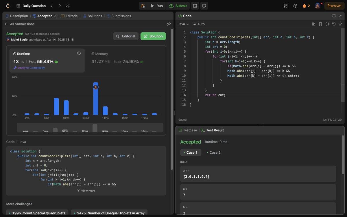 Mohd_Saqib_'s tweet image. 🚀 Day 267 of Code 🚀

Today’s daily problem was all about identifying valid combinations!

✅ 1534. Count Good Triplets

#LeetCode #DSA #DailyCodingChallenge #BruteForce #Triplets #ProblemSolving  #100DaysOfCode #programming #letsconnect #connect