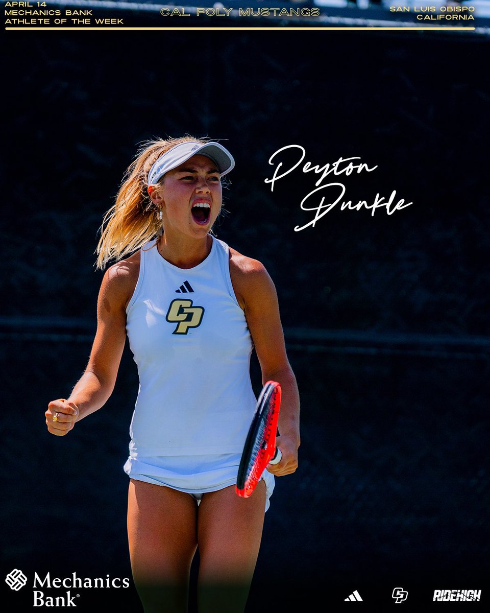 Cal Poly Mustangs (@cpmustangs) on Twitter photo Congrats to Peyton Dunkle of <a href="/CalPolyWTennis/">Cal Poly Women’s Tennis</a> on being named the <a href="/mechanicsbank/">Mechanics Bank</a> Student-Athlete of the Week 👏 Peyton went undefeated in singles and doubles across a pair of home victories and on Sunday broke the Division I school record for career dual singles wins!!
#RideHigh Congrats to Peyton Dunkle of <a href="/CalPolyWTennis/">Cal Poly Women’s Tennis</a> on being named the <a href="/mechanicsbank/">Mechanics Bank</a> Student-Athlete of the Week 👏 Peyton went undefeated in singles and doubles across a pair of home victories and on Sunday broke the Division I school record for career dual singles wins!!
#RideHigh