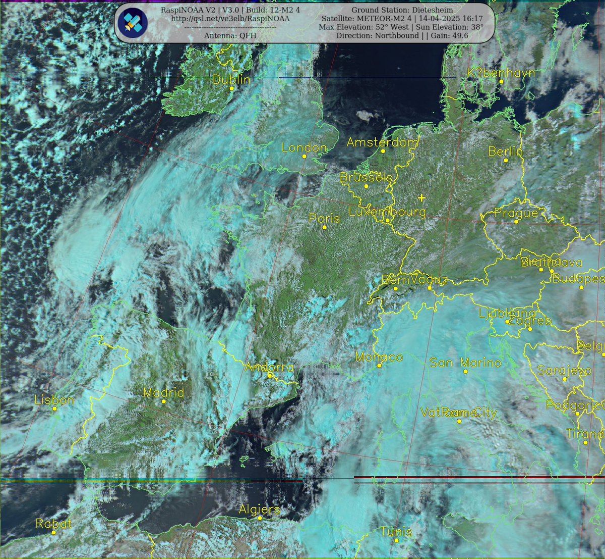Ground Station: Dietesheim
Satellite: METEOR-M2 4 | 14-04-2025 16:17
Max Elevation: 52° West | Sun Elevation: 38°
Direction: Northbound | | Gain: 49.6