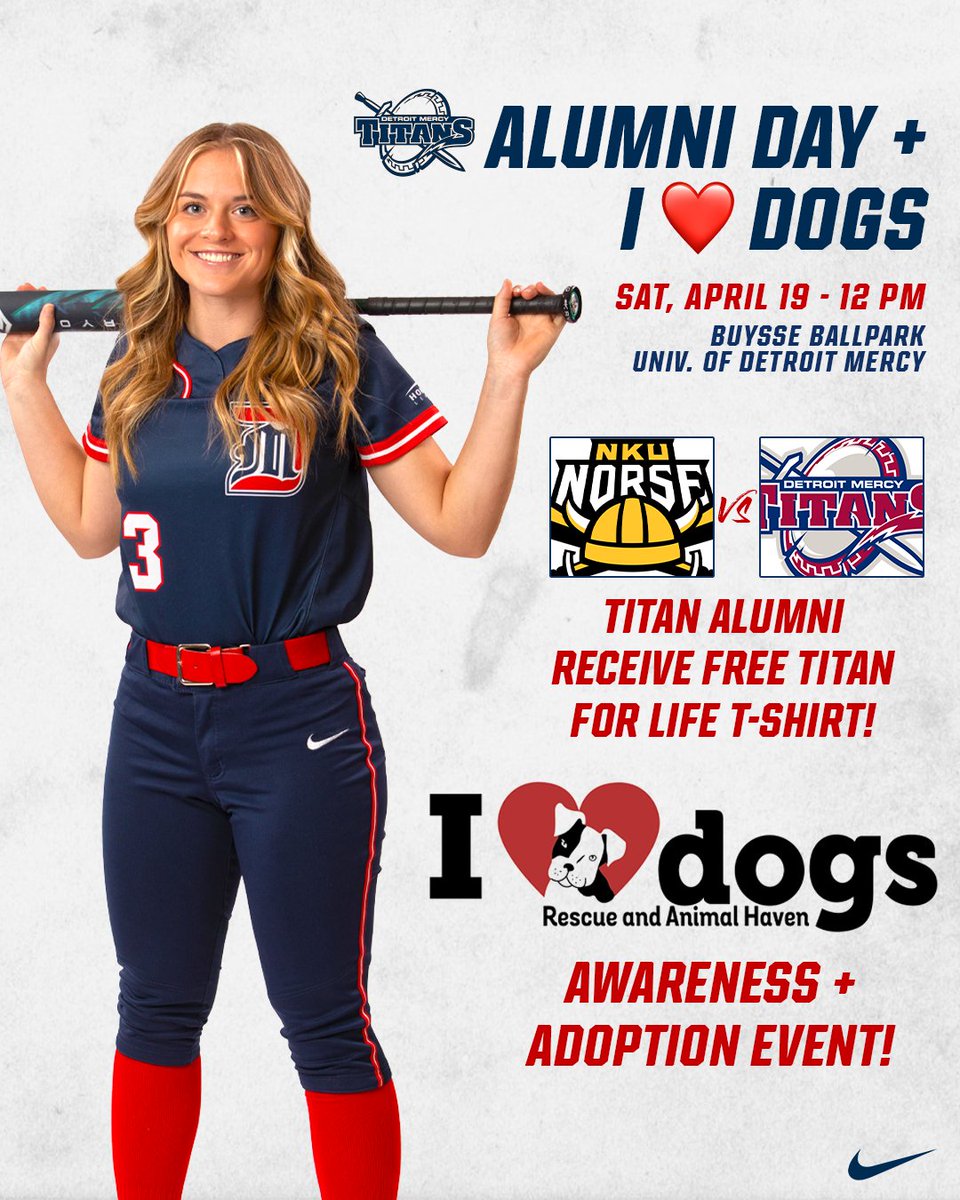 Detroit Mercy Titans (@detroittitans) on Twitter photo Join us for a busy doubleheader of <a href="/DetroitTitansSB/">Detroit Mercy Softball ⚔️</a> on Saturday, Apr. 19!
It is alumni day and any Titan alumni can get a FREE Titan For Life t-shirt!
It will also be a <a href="/IHeartDogsHaven/">I Heart Dogs Rescue & Animal Haven</a> adoption event! Come fall in love with your next furry best friend!
First pitch from Join us for a busy doubleheader of <a href="/DetroitTitansSB/">Detroit Mercy Softball ⚔️</a> on Saturday, Apr. 19!
It is alumni day and any Titan alumni can get a FREE Titan For Life t-shirt!
It will also be a <a href="/IHeartDogsHaven/">I Heart Dogs Rescue & Animal Haven</a> adoption event! Come fall in love with your next furry best friend!
First pitch from