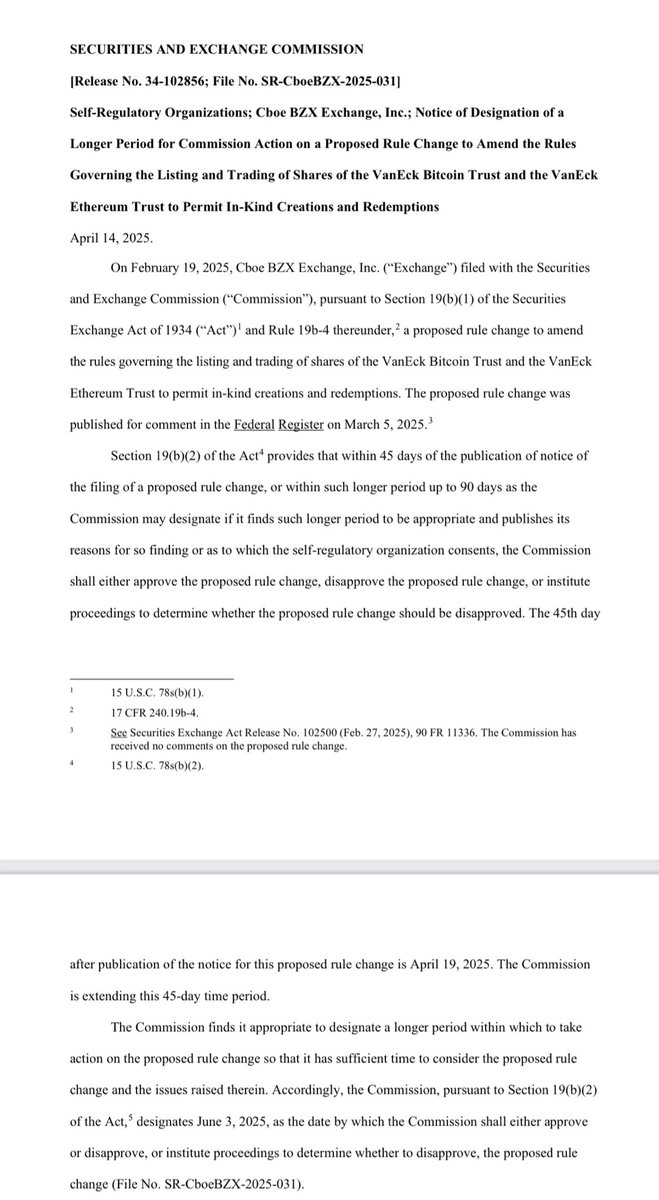 🚨NEW: The <a href="/SECGov/">U.S. Securities and Exchange Commission</a> is delaying until June 3rd its decision to allow for <a href="/WisdomTreeFunds/">WisdomTree</a> and <a href="/vaneck_us/">VanEck</a> to do in-kind creations and redemptions for their $BTC and $ETH spot ETFs.

In-kind means you exchange the underlying assets (like Bitcoin and Ethereum) directly, instead of