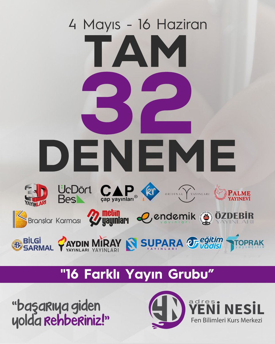 🎯 32 Deneme Fırsatıyla Hedefe Kilitlen! 🎯
🚀 4 Mayıs - 16 Haziran tarihleri arasında tam 36 deneme sınavı seni bekliyor!
📚 16 farklı yayın grubuyla en güncel, en kaliteli içerikler burada!

#DenemeMaratonu  #TYT #AYT #YKS2025 #SınavHazırlık #BaşarıyaBirAdım #32Deneme
