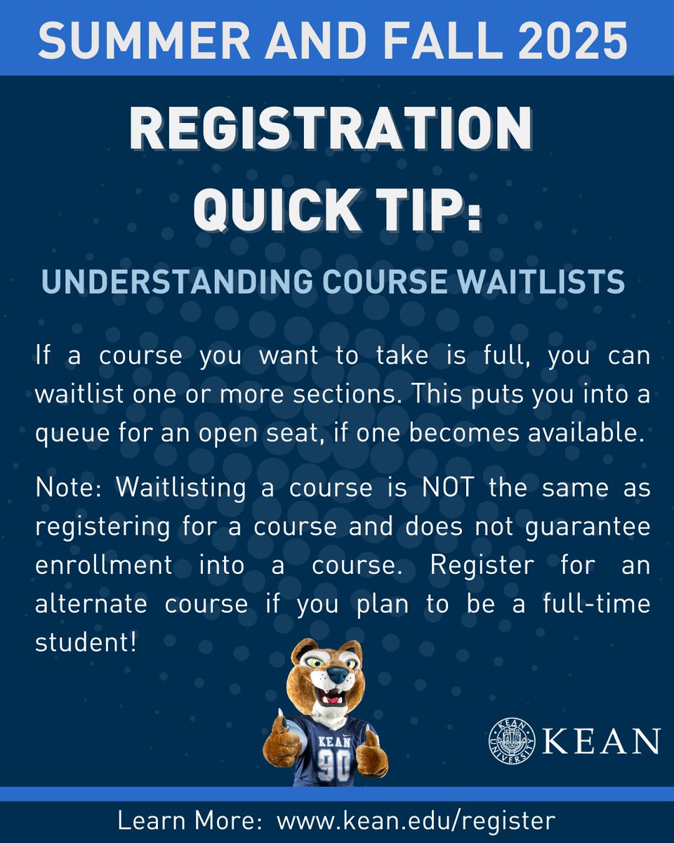 KeanRegistrar's tweet image. If a class you want to take is full, you may be able to join the course section&apos;s waitlist. You’ll receive an email inviting you to join if a seat becomes available! Take action within 24 hours. #RegistrationTips #Waitlists