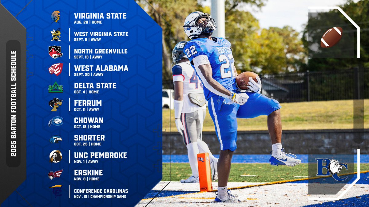 BartonAthletics's tweet photo. 🏈 SCHEDULE DROP! 🏈

👇

The 2⃣0⃣2⃣5⃣ Barton Football Schedule has been released! . This season, @ConfCarolinas sponsors football for the first time in 5⃣0⃣ years! . Barton opens on Aug. 2⃣8⃣ at home vs. Virginia State &amp; will host Shorter for  Homecoming (Oct. 2⃣5⃣) . @barton_fb https://t.co/WWP3N4VX7L