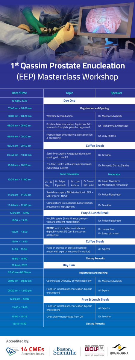 Mohannad Alharbi | د.مهند الحربي (@dr_mohannad_ksa) on Twitter photo 5 days to go,1st Qassim #Prostate enucleation masterclass 19-20 April 2025,hand-on experience in OR & on hydrogel models
Learn laser & bipolar enucleation from the leaders in the field
<a href="/drtevaho/">Tev Aho</a> <a href="/FCAFigueiredo/">Felipe Figueiredo HoLEP 🇧🇷</a> <a href="/fgomsan/">Fernando GomezSancha</a> 
<a href="/sbinhamrii/">Saeed Bin Hamri</a> <a href="/loayabbas46/">Loay Abbas</a> <a href="/BSCEMEA_Urology/">Boston Scientific EMEA - Urology</a> <a href="/RichardWolfGmbH/">RichardWolfGmbH</a> 5 days to go,1st Qassim #Prostate enucleation masterclass 19-20 April 2025,hand-on experience in OR & on hydrogel models
Learn laser & bipolar enucleation from the leaders in the field
<a href="/drtevaho/">Tev Aho</a> <a href="/FCAFigueiredo/">Felipe Figueiredo HoLEP 🇧🇷</a> <a href="/fgomsan/">Fernando GomezSancha</a> 
<a href="/sbinhamrii/">Saeed Bin Hamri</a> <a href="/loayabbas46/">Loay Abbas</a> <a href="/BSCEMEA_Urology/">Boston Scientific EMEA - Urology</a> <a href="/RichardWolfGmbH/">RichardWolfGmbH</a>