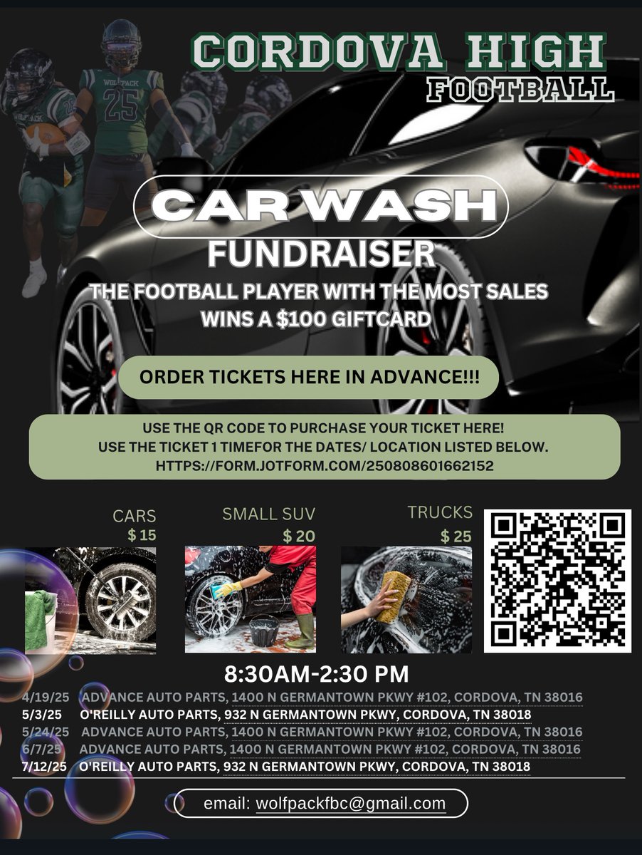 Cordova Wolfpack Football 
Car Wash Saturday April 19th, 2025 from
8:30 am until 2:30pm!!!
ADVANCE AUTO PARTS
1400 N. Germantown Parkway Suite #102 
Cordova, Tennessee 38016
Please come out and support THE PACK!!!
#WolfpackForLife