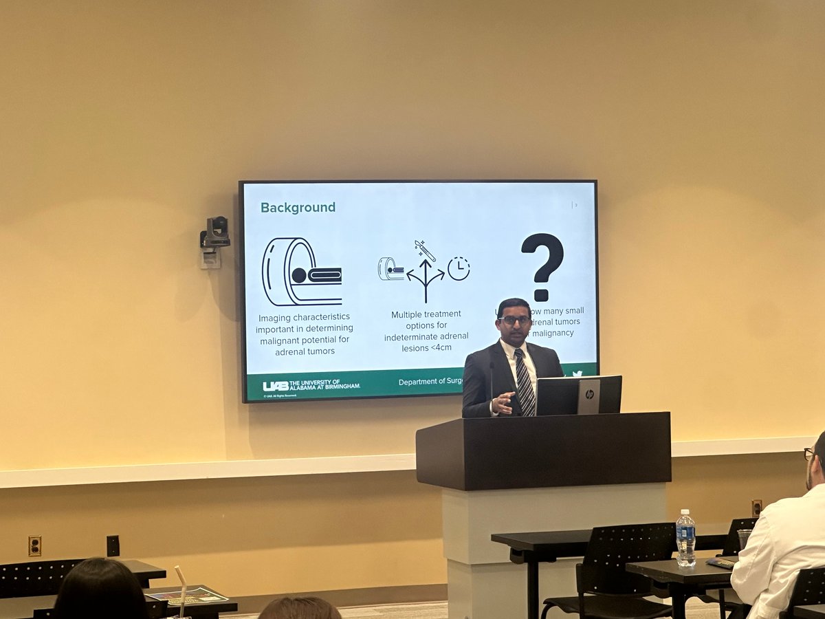 Peter Abraham explored malignancy of adrenal tumors finding that many patients with adrenal tumors &lt;4cm had malignancy. This work was presented <a href="/UABSurgery/">UAB Surgery</a> Resident Research Day