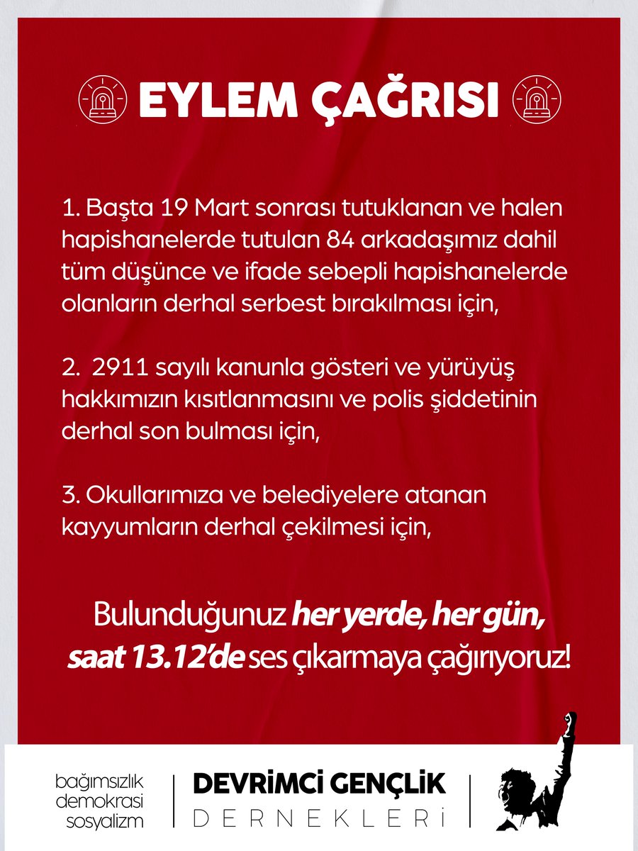 DGDernekleri7's tweet image. 🚨 Eylem Çağrısı | Özgürlük için ses çıkar!
⏰ Bulunduğunuz her yerde her gün saat 13.12'de özgürlük için ses çıkarmaya çağırıyoruz!
📢 #ÖzgürlüğünSesiOl